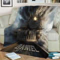 Railroad enthusiast blanket displayed on a sofa with a detailed vintage locomotive design