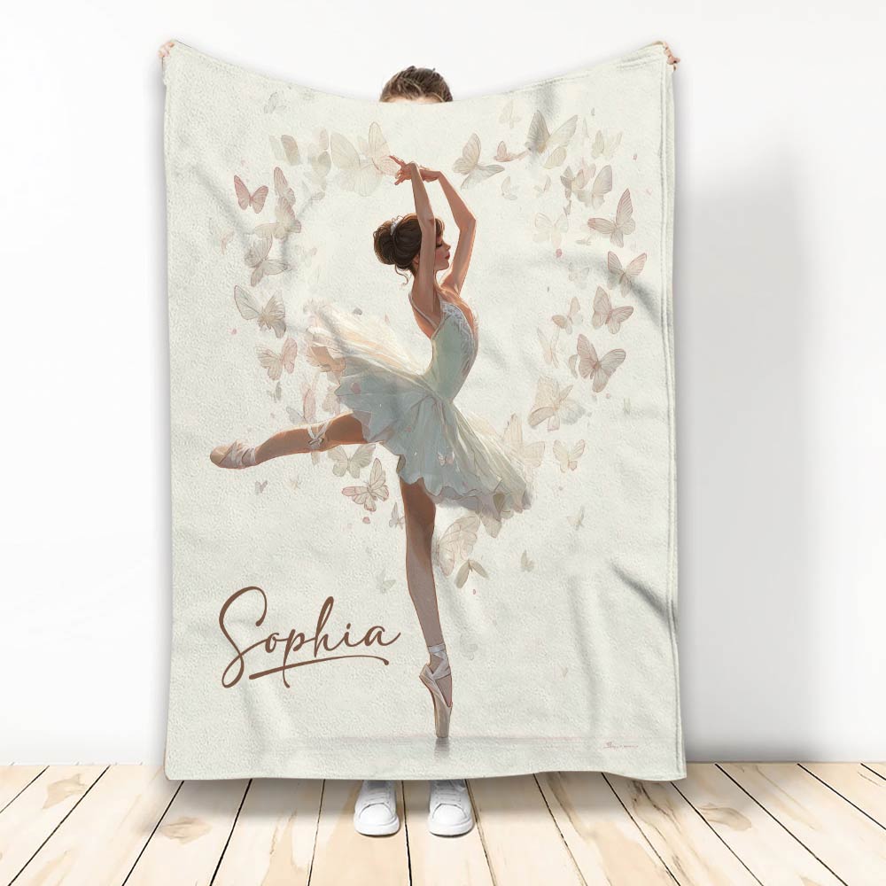 Ballet throw blanket featuring a graceful ballerina in a pale blue dress surrounded by delicate butterflies