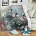 Floral ballet blanket displayed on a sofa with graceful ballerina artwork in blush pink and soft aqua tones