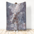 Ballet throw blanket featuring white ballet slippers, flowing feathers, stars, and dreamy lavender artwork