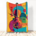 Colorful cello and bow artwork on a bright geometric music-themed blanket