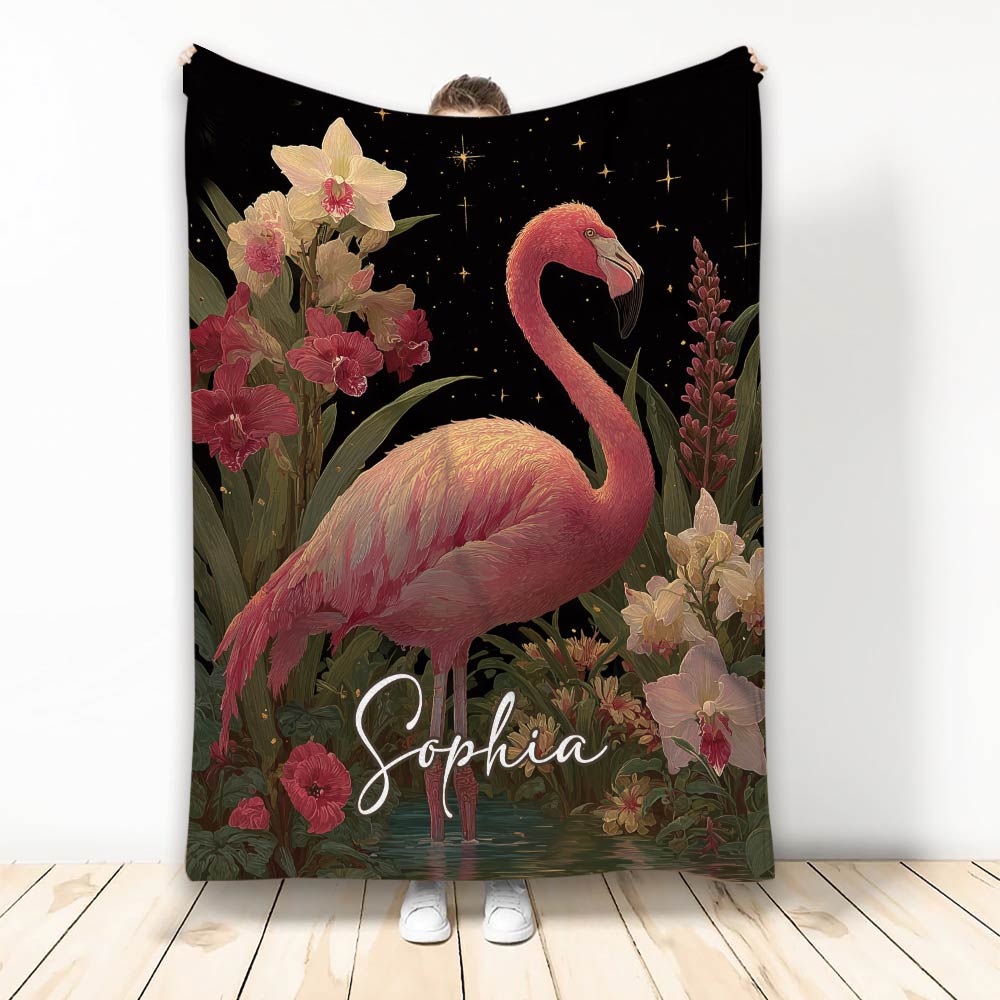 Flamingo blanket displayed upright with floral artwork, stars, and a dark botanical background