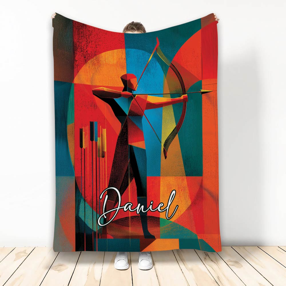 Colorful abstract archery blanket featuring an archer drawing a bow with arrows in a geometric design