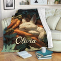 Rabbit throw blanket draped over a sofa with sleeping bunny, carrot artwork, and cozy living room setting