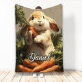 Rabbit blanket design featuring a fluffy bunny holding a carrot among leafy garden greenery