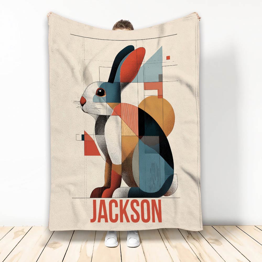 Geometric rabbit throw blanket with colorful modern artwork displayed in a standing lifestyle view