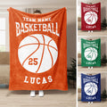 Custom basketball blanket displayed in orange, red, green, and blue color variations with bold team sports artwork