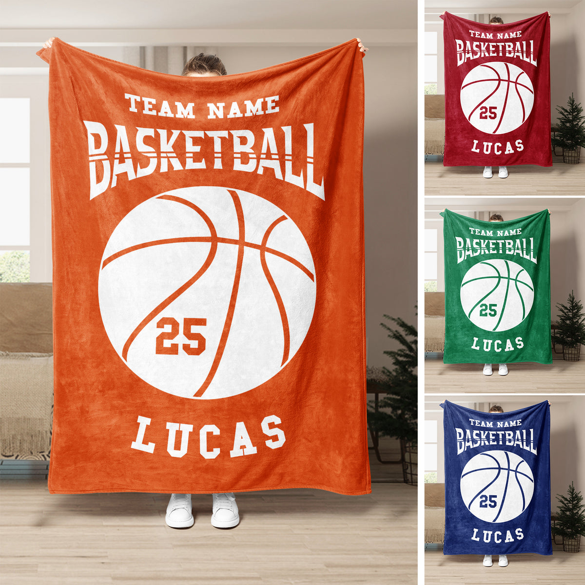 Custom basketball blanket displayed in orange, red, green, and blue color variations with bold team sports artwork