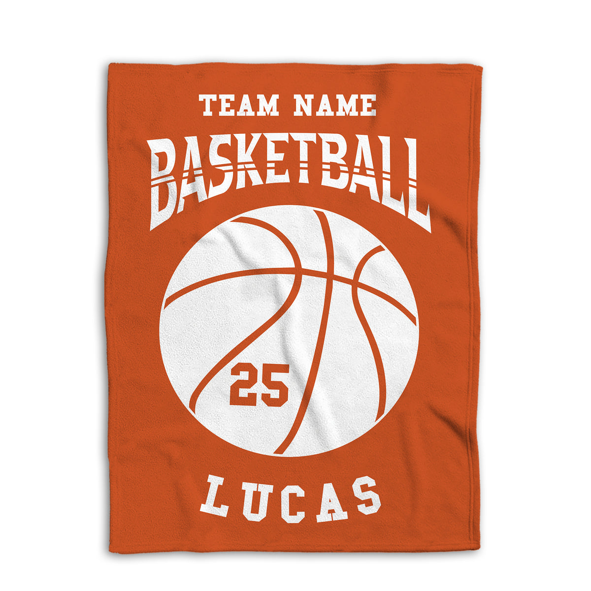 Orange basketball blanket shown flat with a large white basketball graphic and bold athletic typography