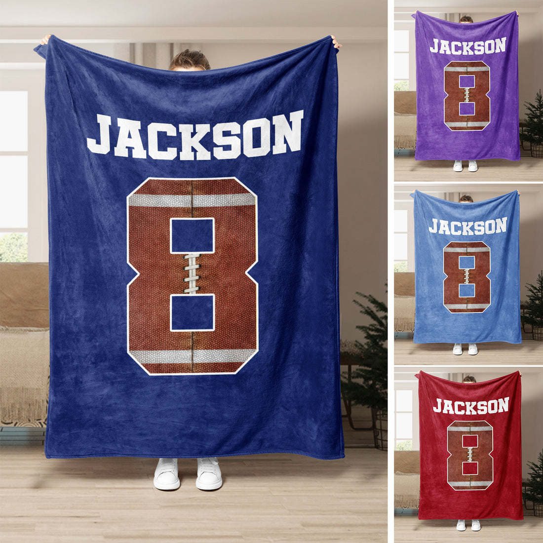 Blue football blanket displayed in several color options with bold varsity-style football artwork