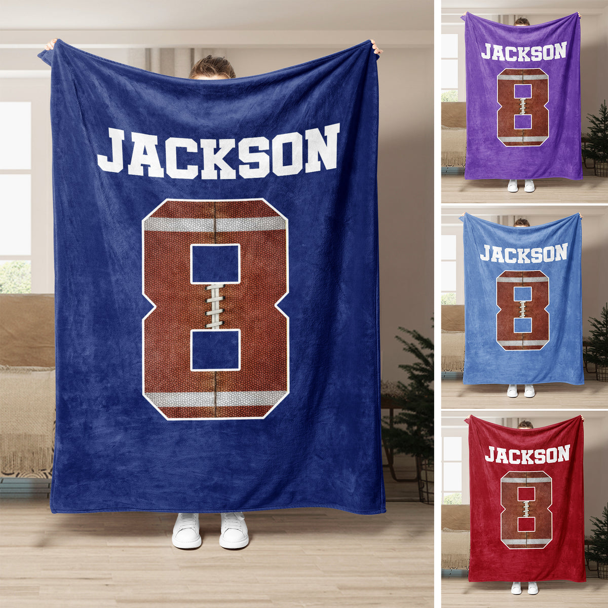 Blue football blanket displayed in several color options with bold varsity-style football artwork
