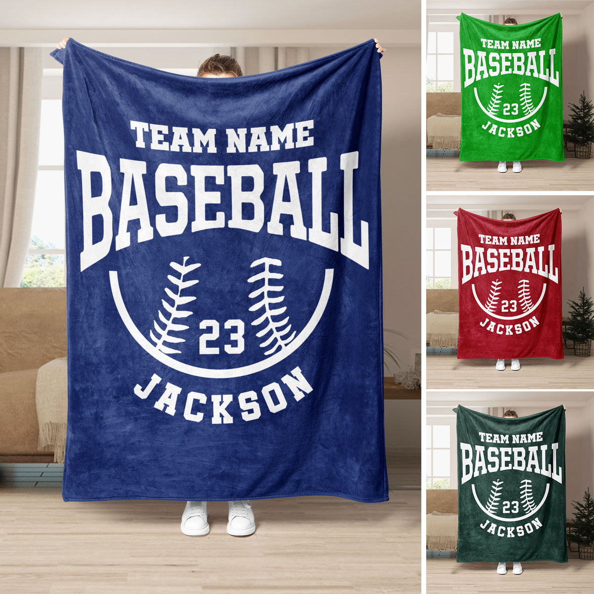 Baseball throw blanket displayed in multiple colors with bold team-style baseball artwork