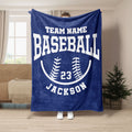 Blue baseball throw blanket with bold baseball lettering, stitched ball graphic, and sports emblem