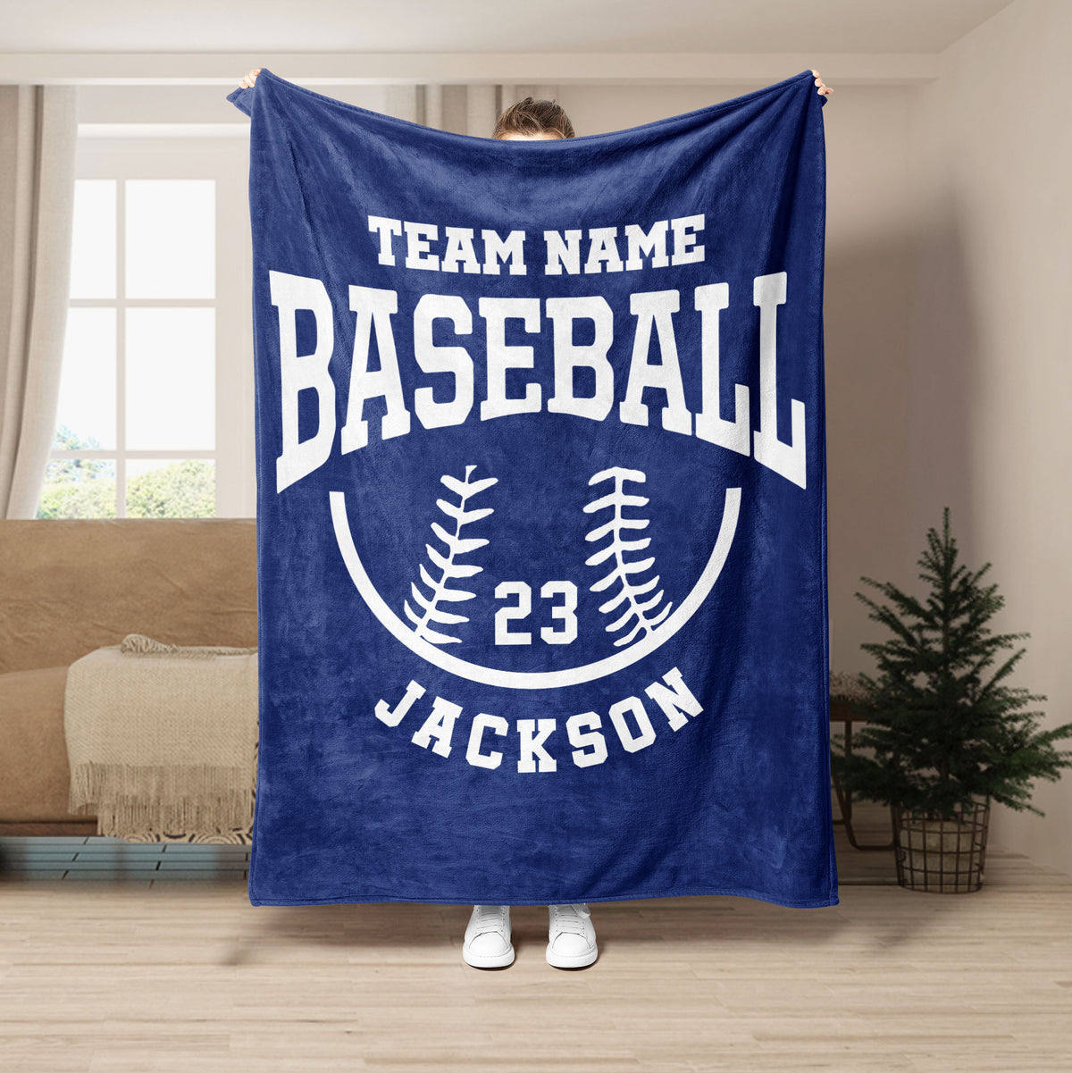Blue baseball throw blanket with bold baseball lettering, stitched ball graphic, and sports emblem