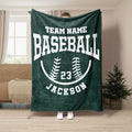 Green baseball throw blanket with white baseball artwork and bold athletic lettering