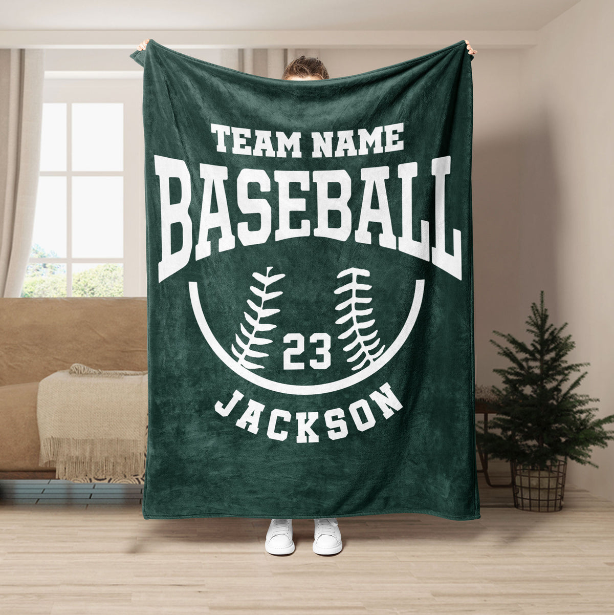 Green baseball throw blanket with white baseball artwork and bold athletic lettering
