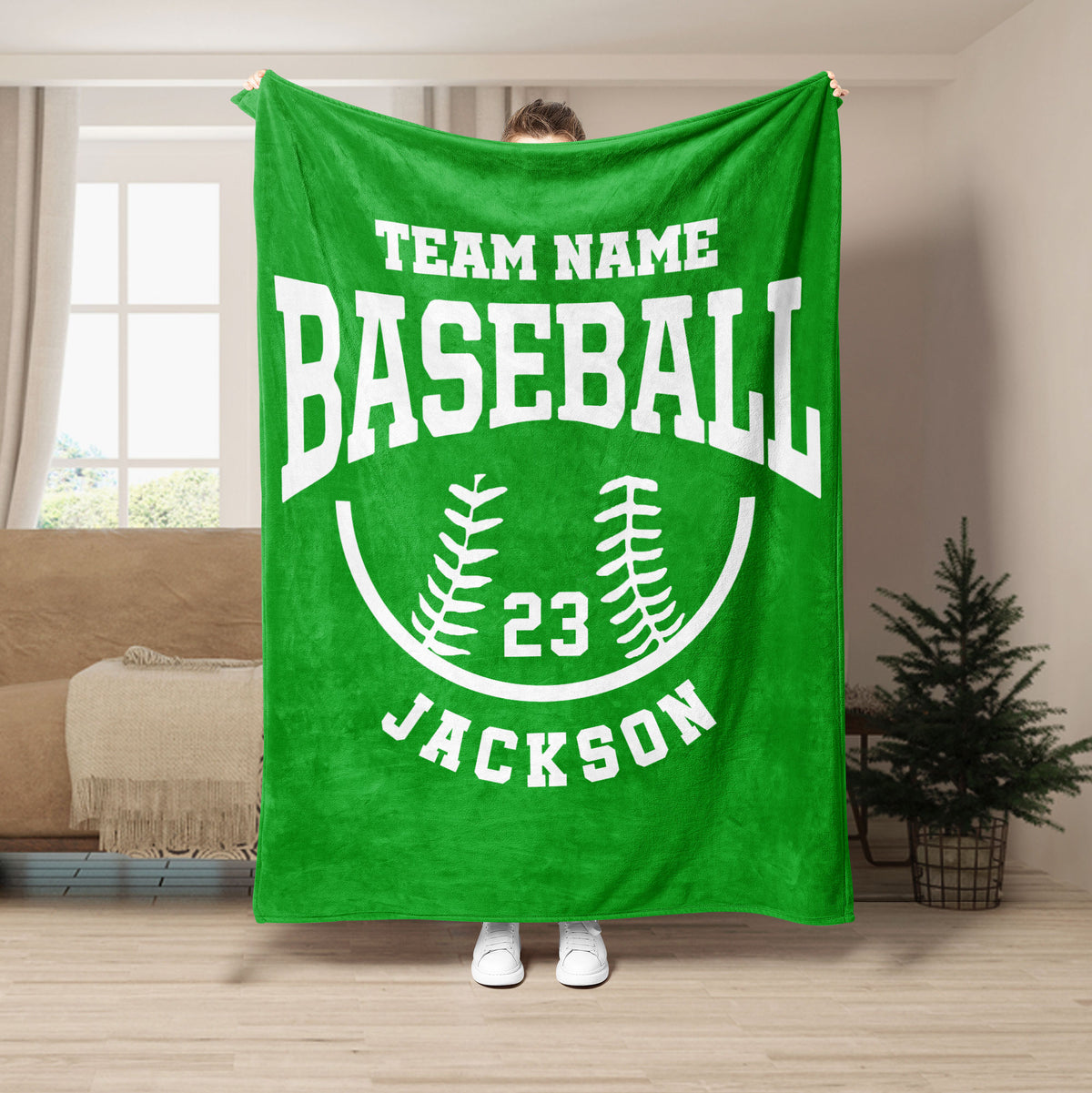 Bright green baseball throw blanket with large white baseball emblem and team-inspired design
