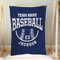 Blue baseball throw blanket hanging on a wooden frame with bold sports artwork