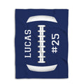 Blue football blanket shown flat against a white background with large white football artwork