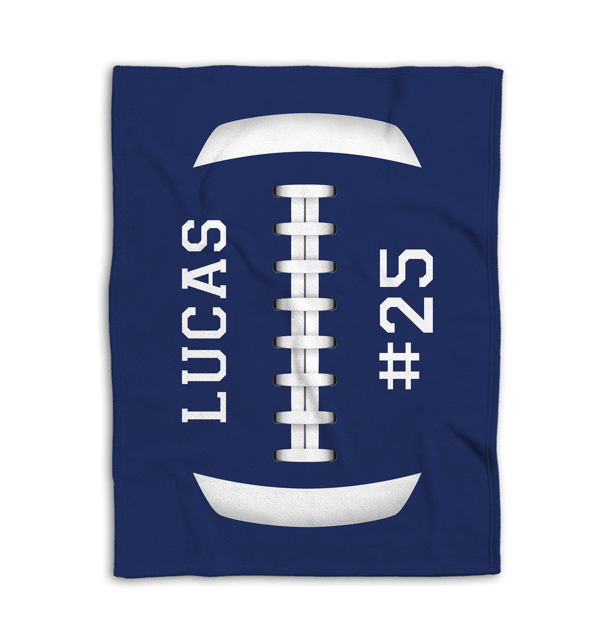 Blue football blanket shown flat against a white background with large white football artwork