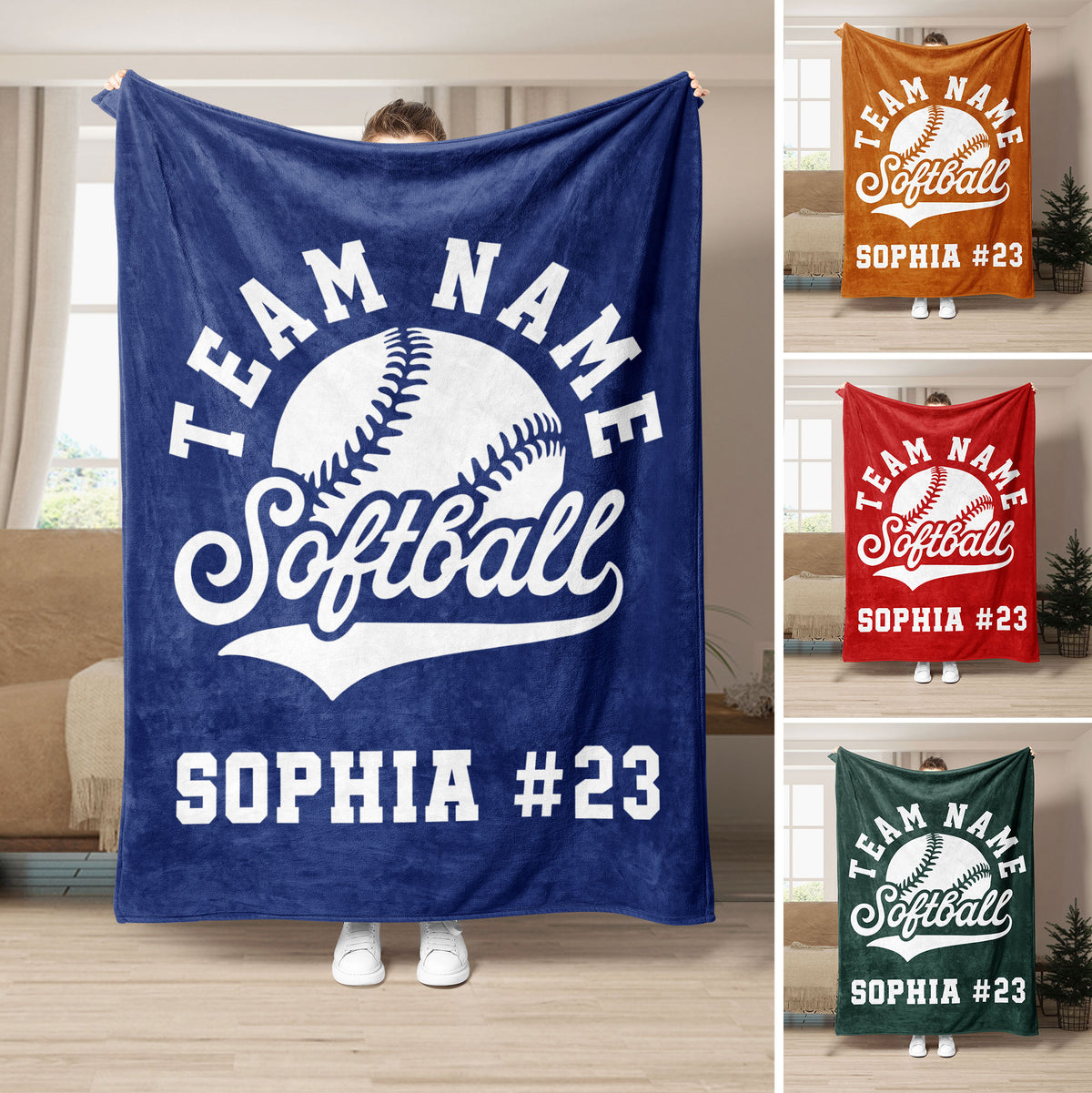 Softball throw blanket displayed in multiple team colors with a large softball graphic and bold athletic design