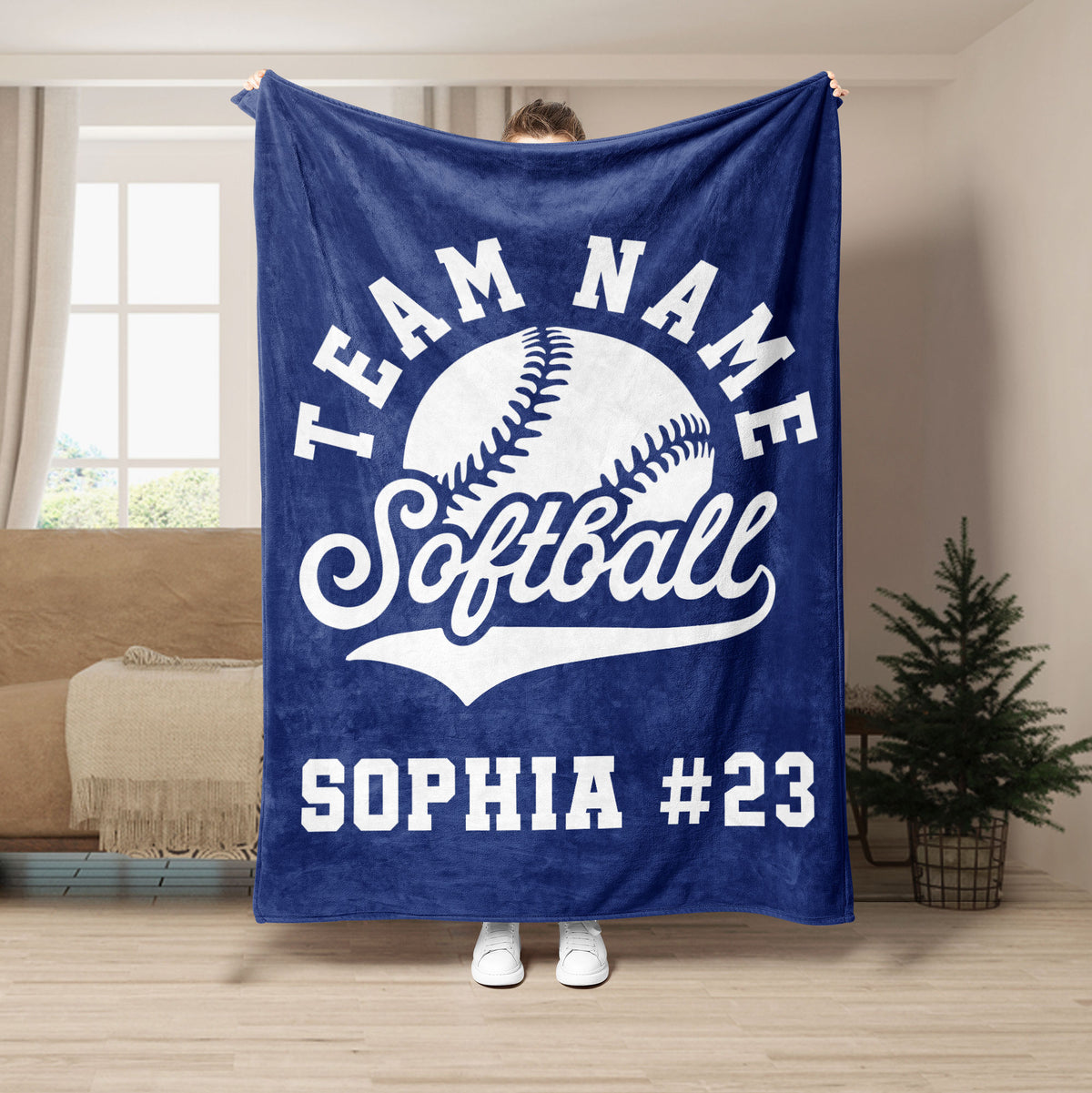 Navy softball throw blanket featuring a large white softball, team-style lettering, and bold sports artwork