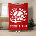 Red softball throw blanket featuring a large white softball graphic and bold athletic lettering