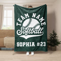 Green softball throw blanket with white softball artwork and a spirited team-inspired design