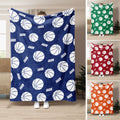 Blue basketball throw blanket with repeating white basketballs and custom design shown in multiple color options