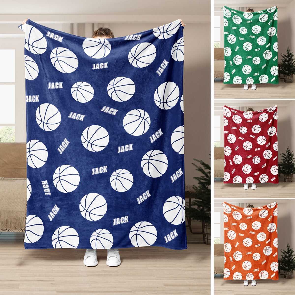 Blue basketball throw blanket with repeating white basketballs and custom design shown in multiple color options