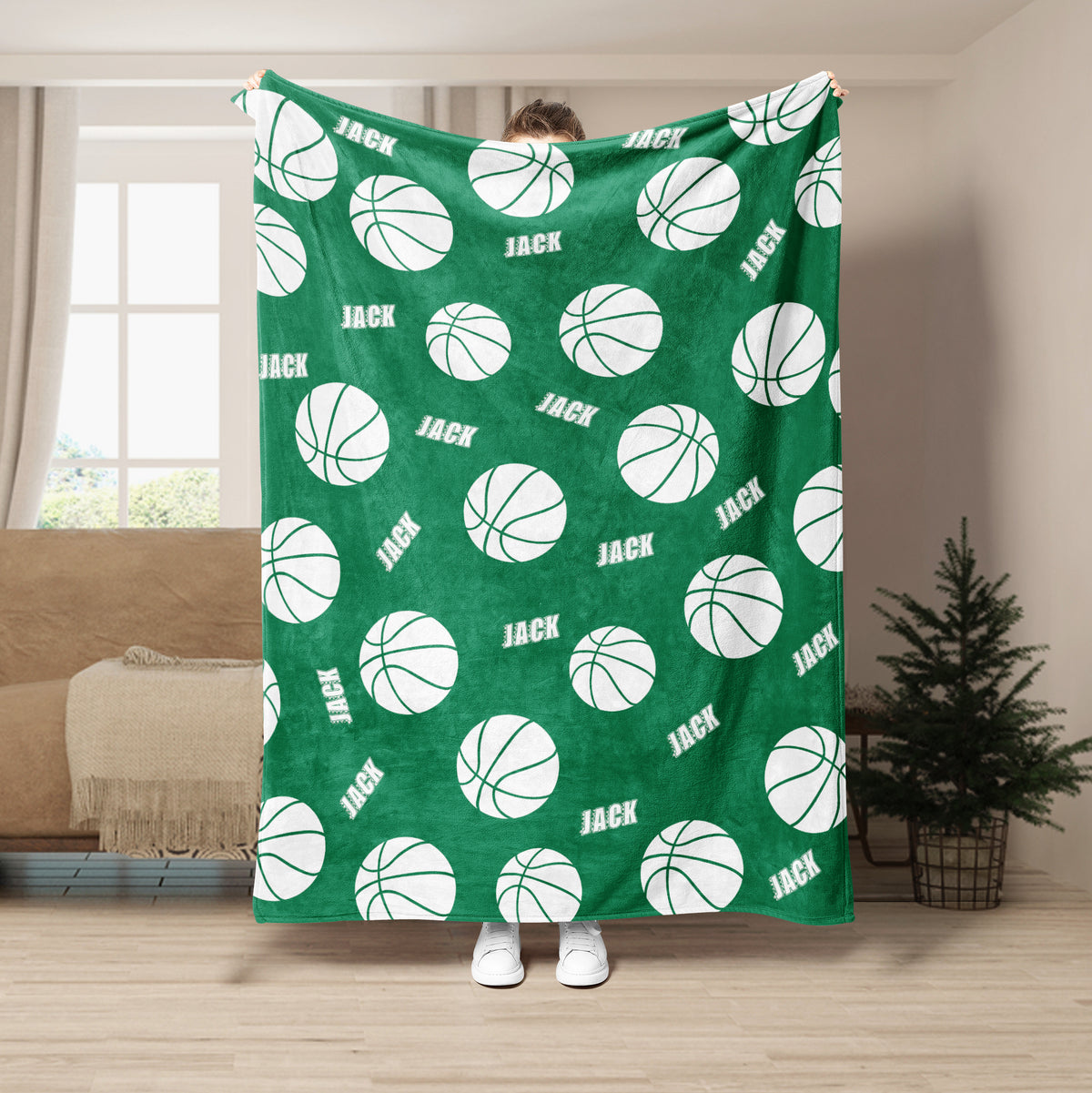 Green basketball blanket featuring repeating white basketball artwork and custom design