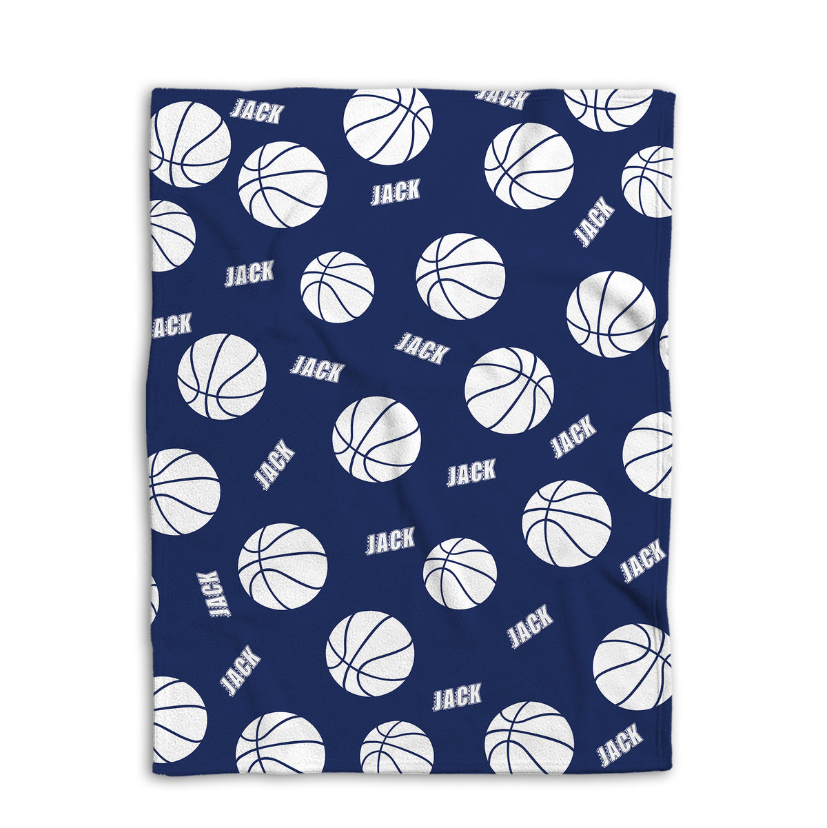 Folded navy basketball blanket showing repeating white basketballs and bold sports artwork