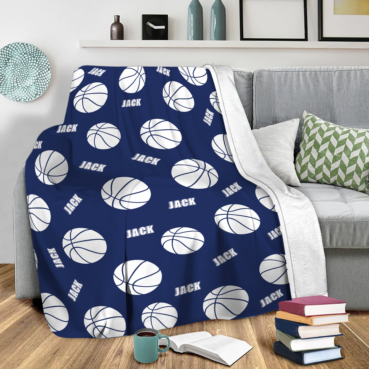 Navy basketball throw blanket draped over a sofa in a cozy living room