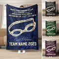 Swimming coach blanket with swim goggles, athlete names, motivational coach quote and team design on a dark blue textured background