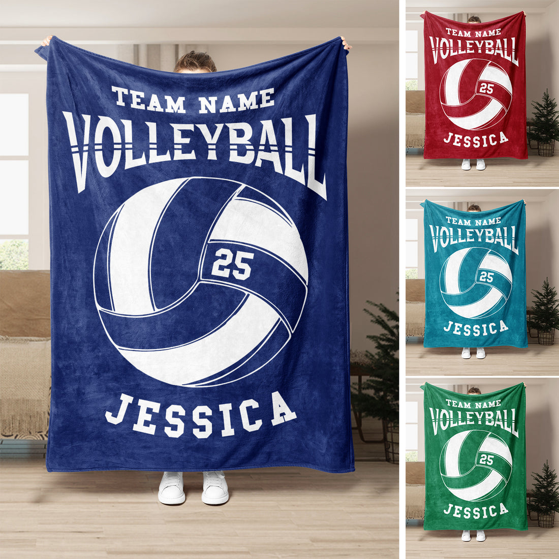 Custom volleyball blanket displayed in navy, red, teal, and green with bold team sports artwork