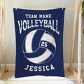 Navy volleyball blanket hanging on a wooden display frame with athletic team design