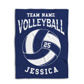 Navy volleyball throw blanket shown flat with large white volleyball graphic and team design