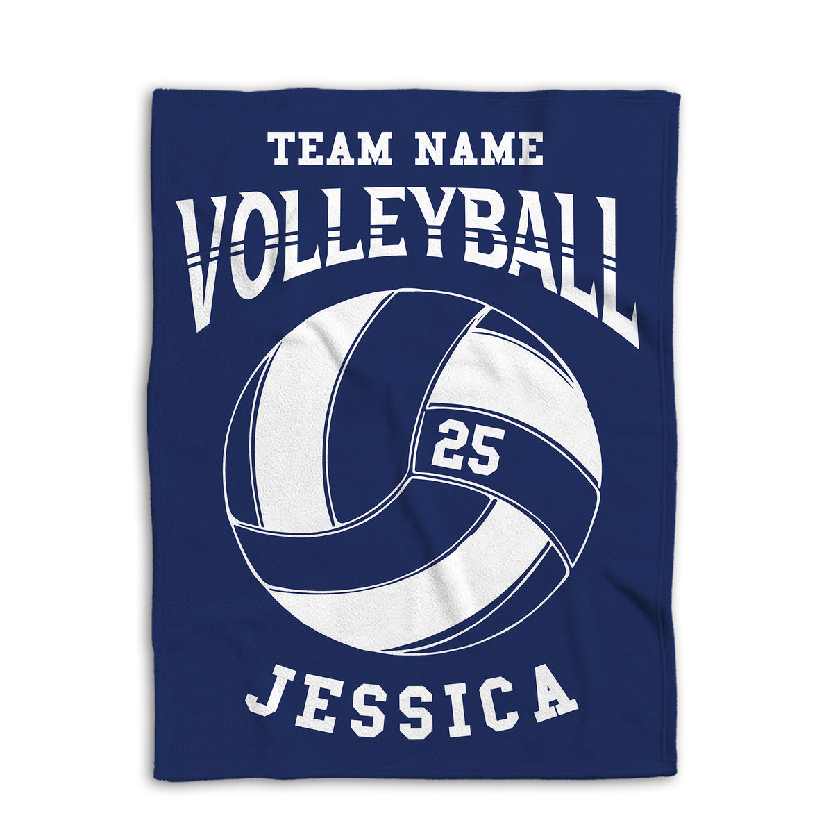 Navy volleyball throw blanket shown flat with large white volleyball graphic and team design