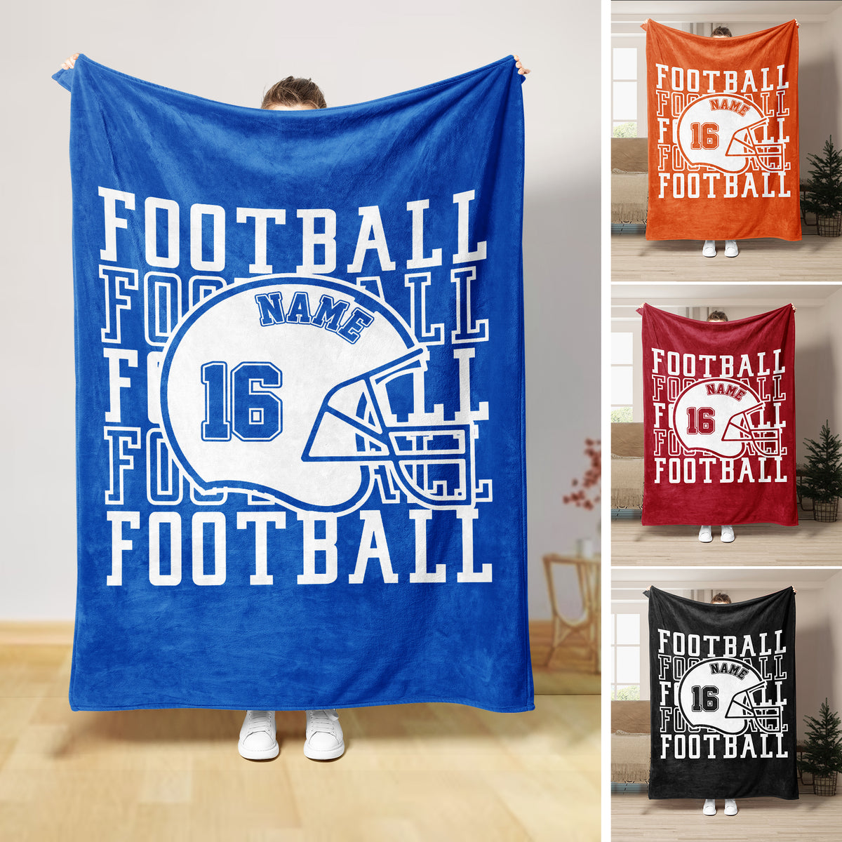 Blue football blanket with helmet artwork and bold collegiate-style sports design