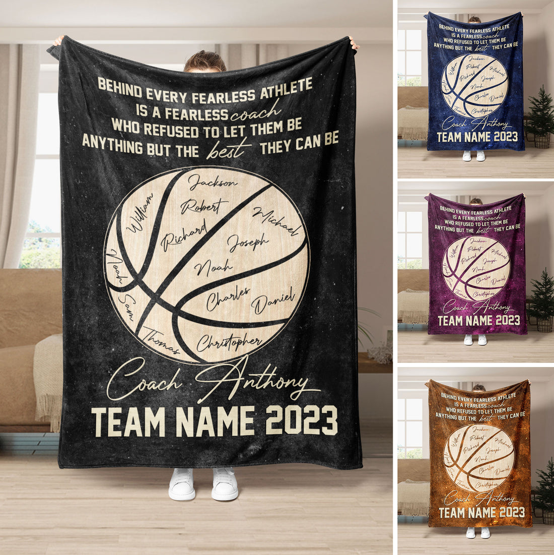 Basketball coach throw blanket shown in black with team artwork and multiple color variations