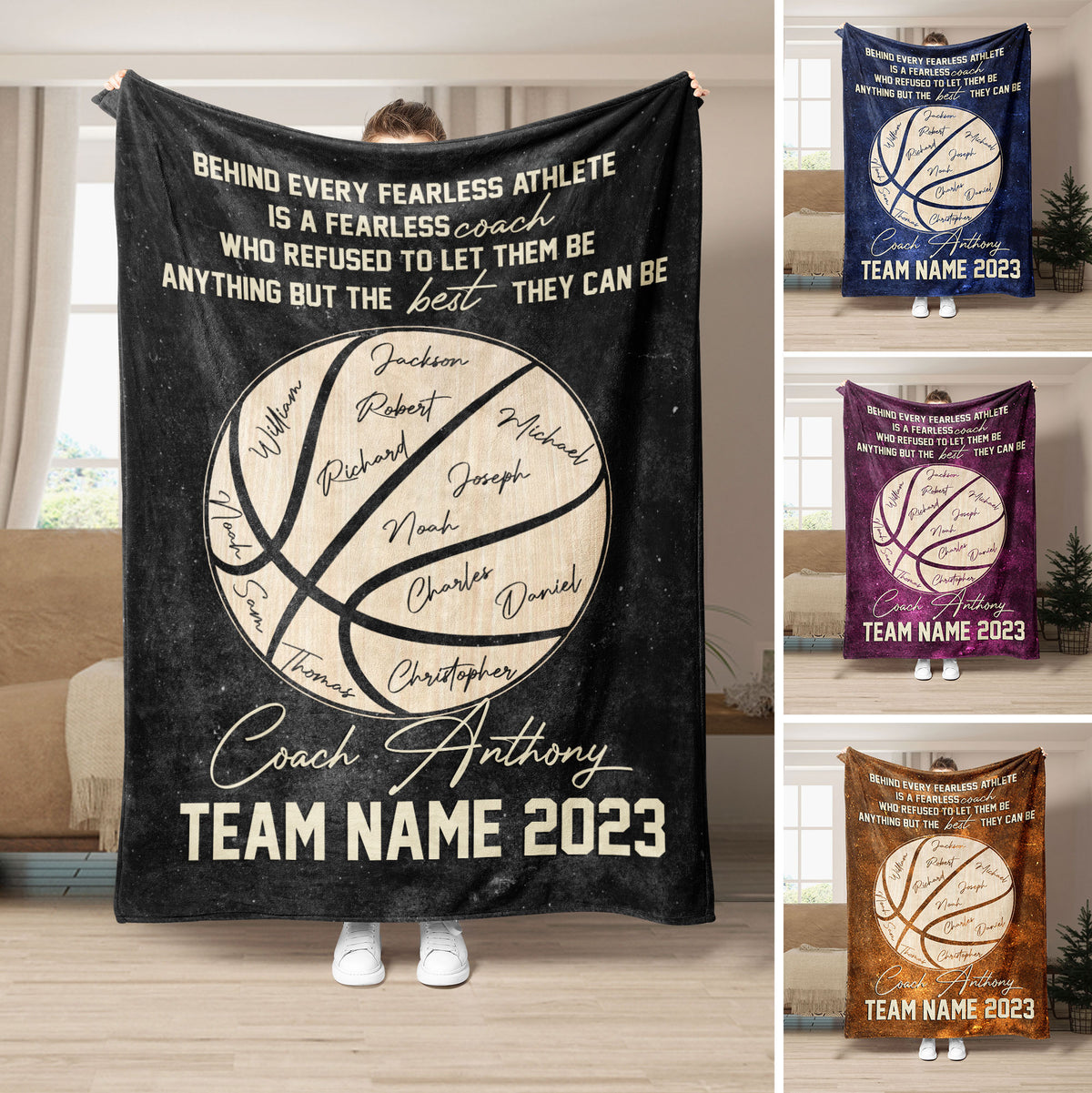 Basketball coach throw blanket shown in black with team artwork and multiple color variations