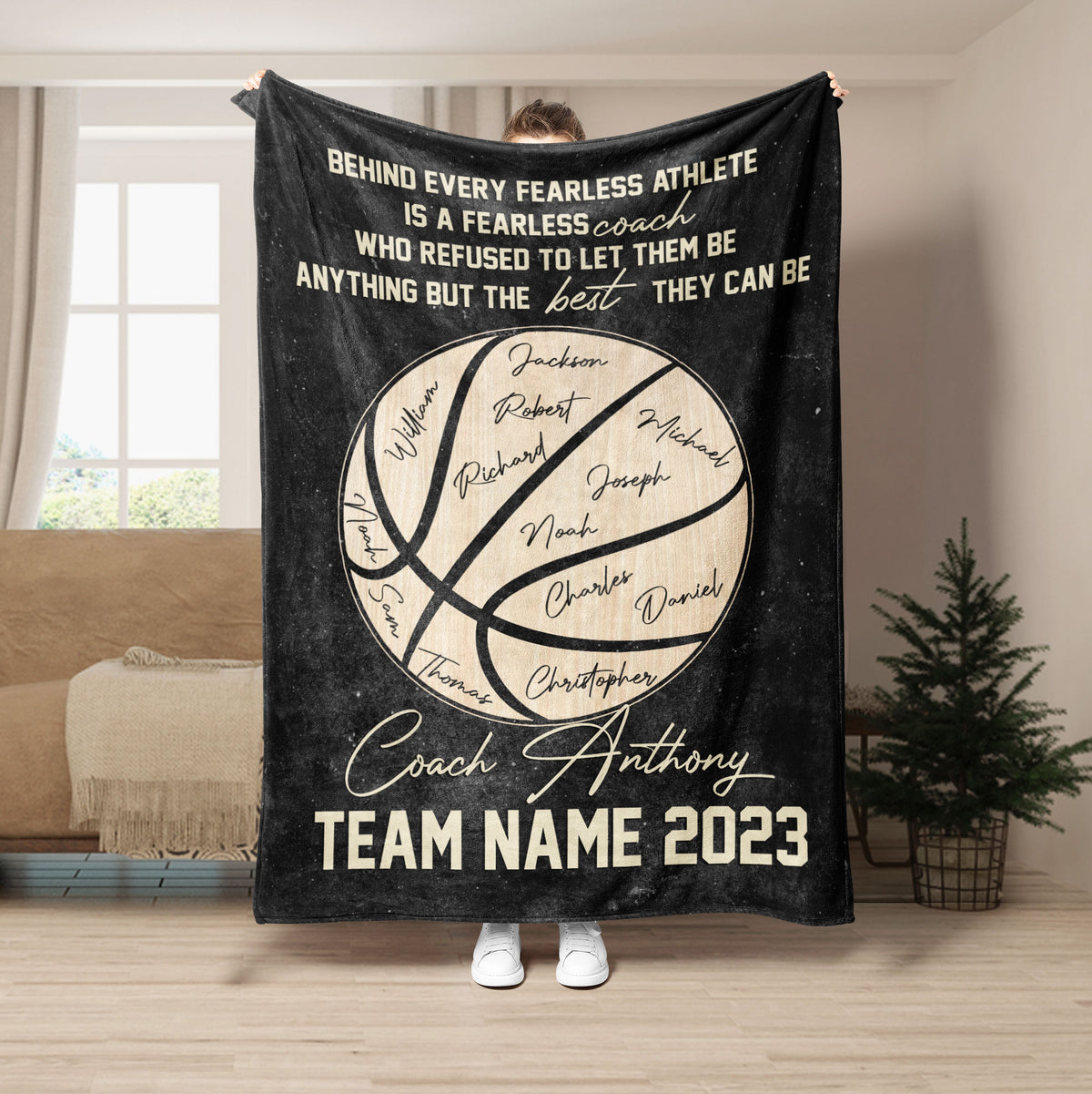 Black basketball throw blanket featuring a motivational coach design and basketball artwork