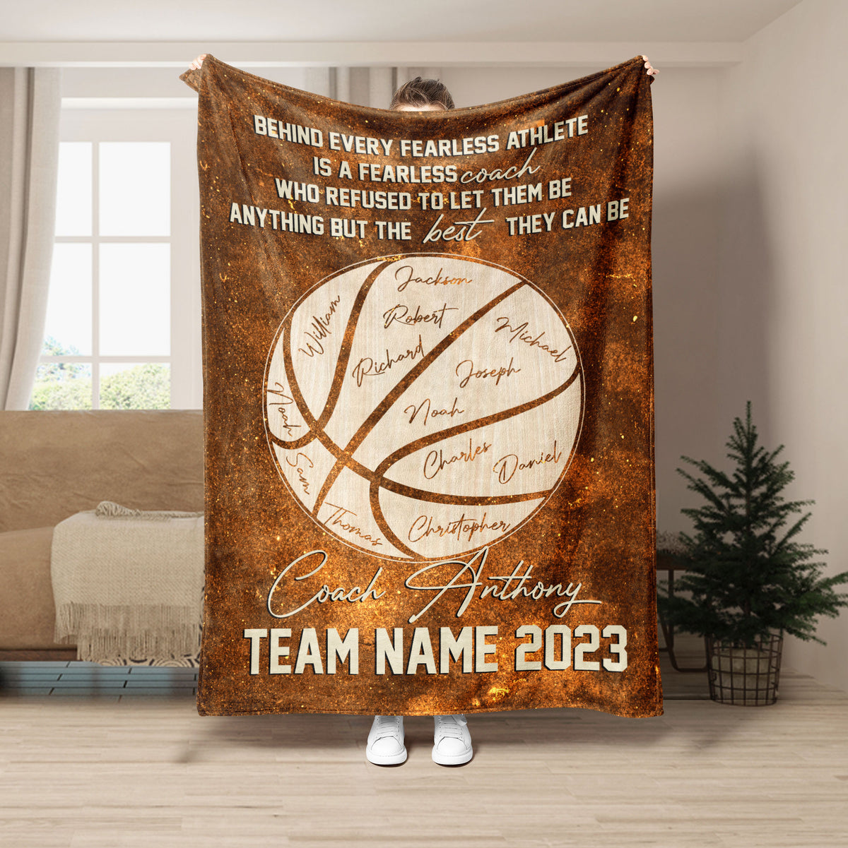 Brown basketball throw blanket featuring coach appreciation artwork and team-themed design