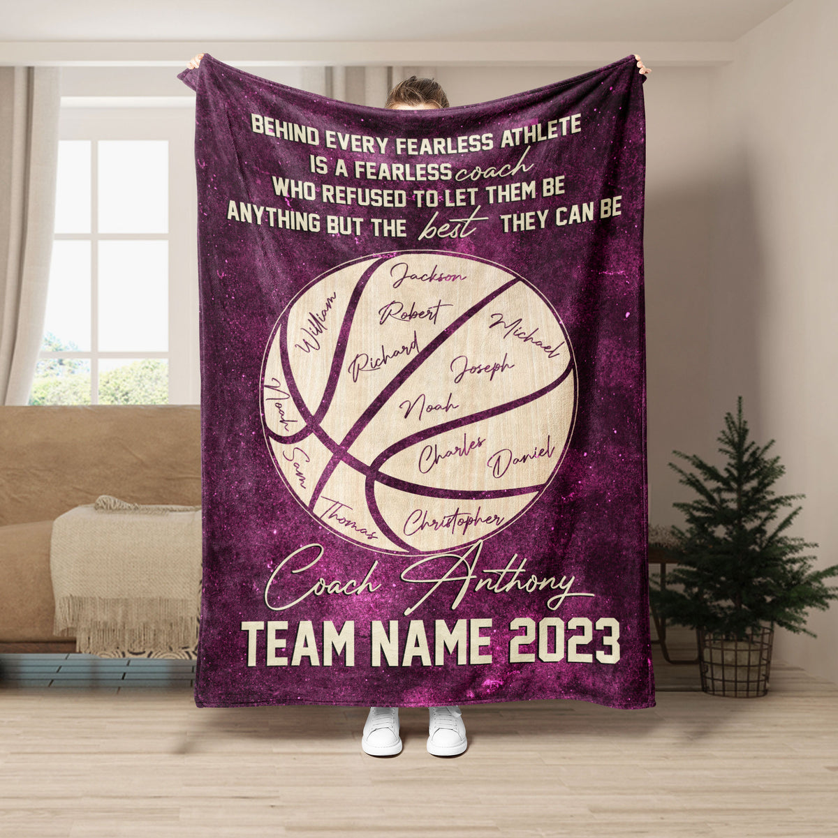 Purple basketball coach throw blanket with motivational message and team basketball artwork