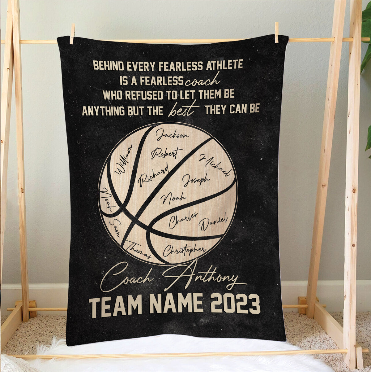 Basketball coach blanket displayed as wall decor with motivational team design