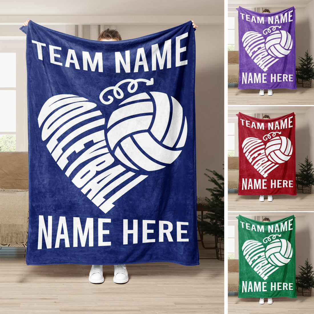 Blue volleyball throw blanket displayed with white volleyball heart artwork and multiple color options