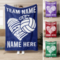 Blue volleyball throw blanket displayed with white volleyball heart artwork and multiple color options
