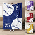 Softball throw blanket displayed in navy, purple, red, and gold color options with stitched ball artwork