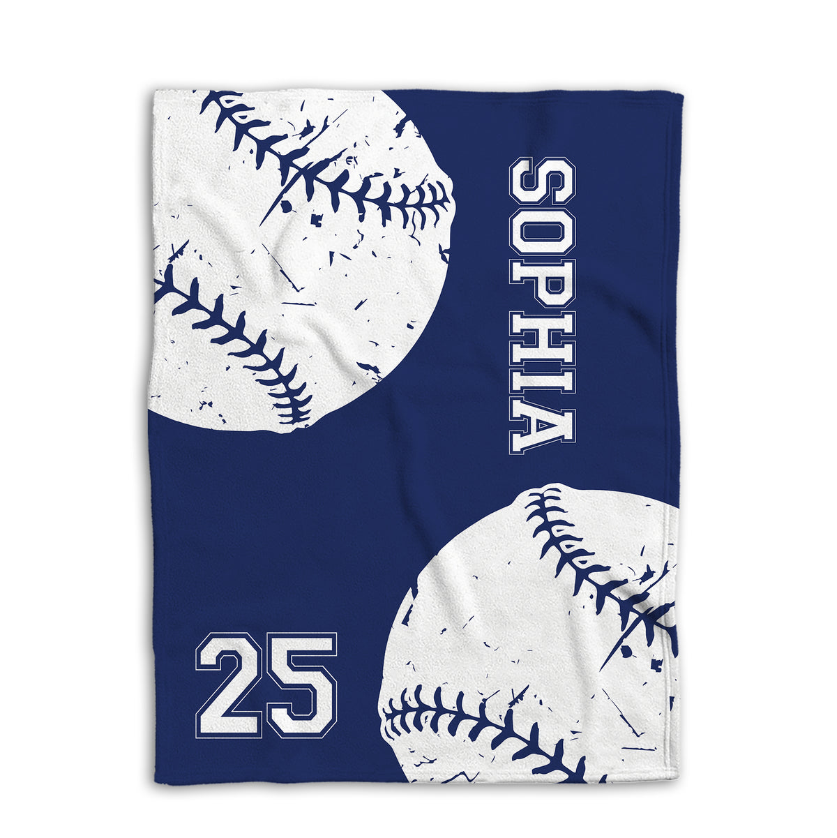 Navy softball blanket shown flat with large white stitched balls and athletic sports graphics