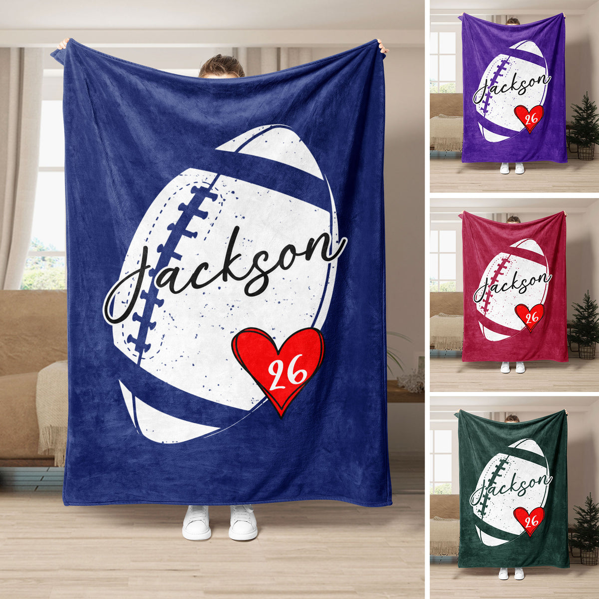 Football throw blanket displayed in blue, purple, red, and green color variations with heart accent